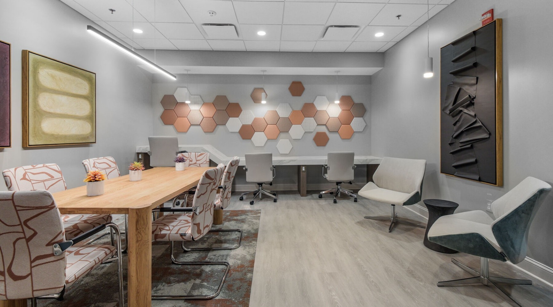 lounge area with seating and workspaces